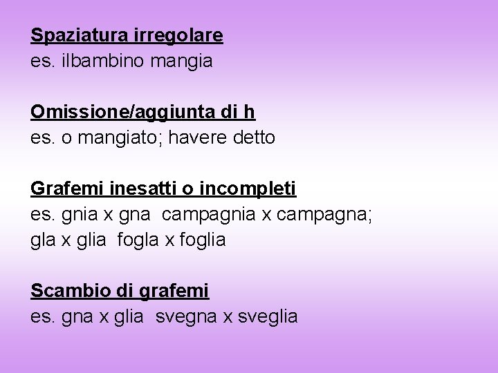 Spaziatura irregolare es. ilbambino mangia Omissione/aggiunta di h es. o mangiato; havere detto Grafemi