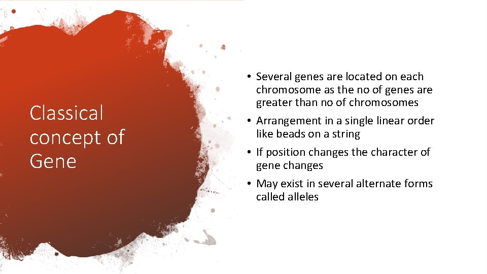 Classical concept of Gene • Several genes are located on each chromosome as the