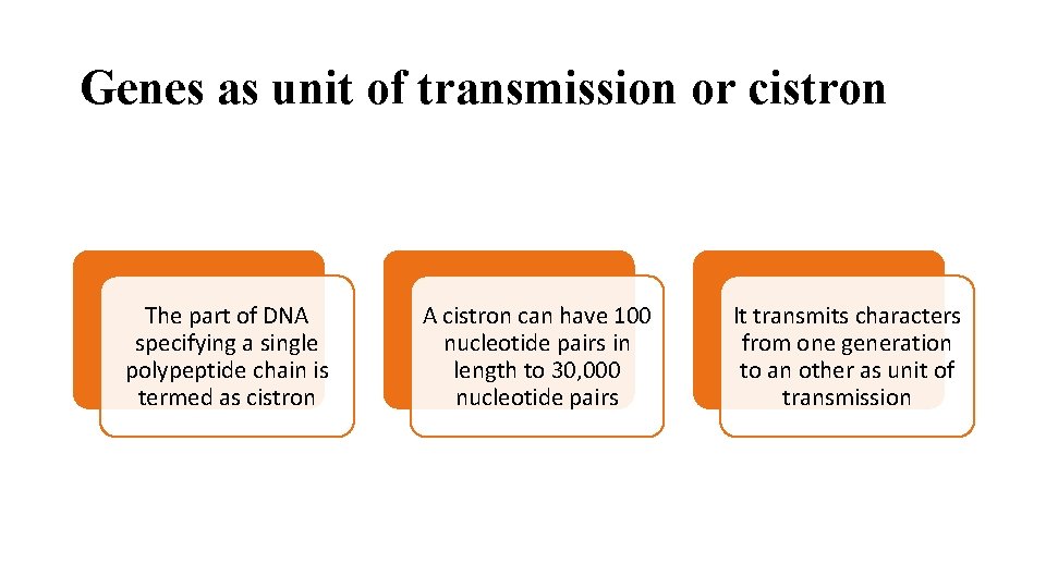 Genes as unit of transmission or cistron The part of DNA specifying a single