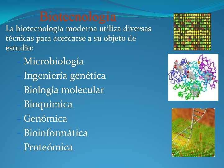 Biotecnología La biotecnología moderna utiliza diversas técnicas para acercarse a su objeto de estudio: