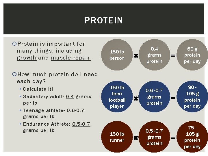 PROTEIN Protein is important for many things, including growth and muscle repair How much