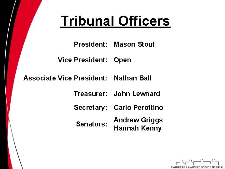 Tribunal Officers President: Mason Stout Vice President: Open Associate Vice President: Nathan Ball Treasurer: