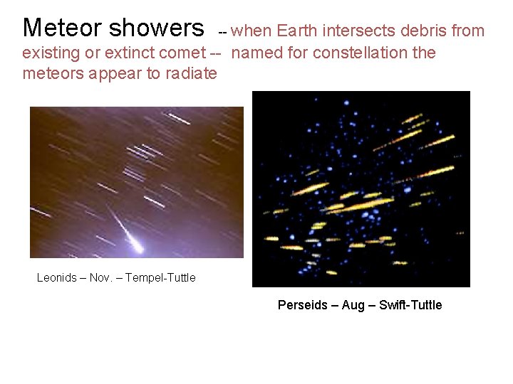 Meteor showers -- when Earth intersects debris from existing or extinct comet -- named