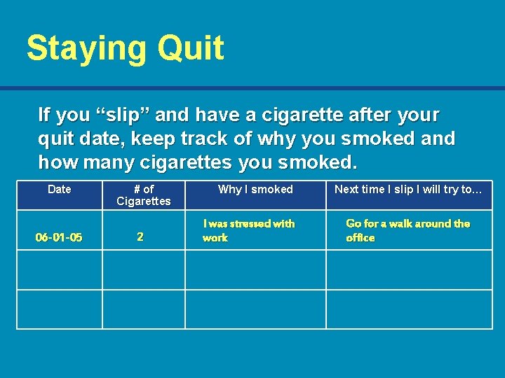 Staying Quit If you “slip” and have a cigarette after your quit date, keep