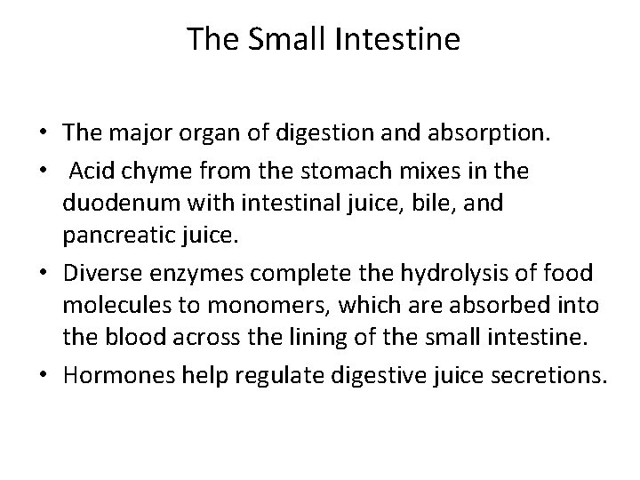 The Small Intestine • The major organ of digestion and absorption. • Acid chyme