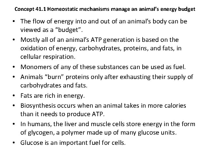 Concept 41. 1 Homeostatic mechanisms manage an animal’s energy budget • The flow of