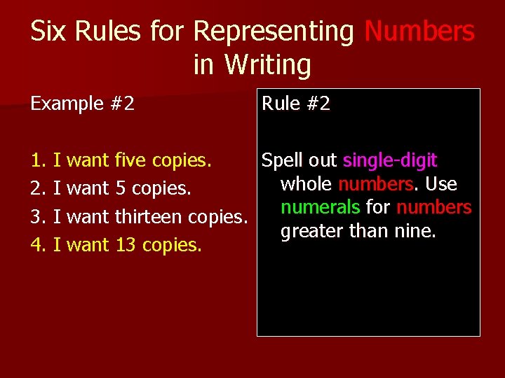 Six Rules for Representing Numbers in Writing Example #2 Rule #2 1. I want