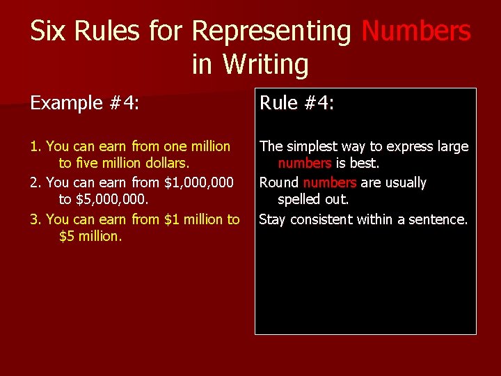 Six Rules for Representing Numbers in Writing Example #4: Rule #4: 1. You can