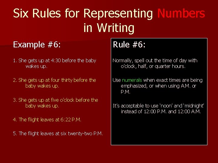 Six Rules for Representing Numbers in Writing Example #6: Rule #6: 1. She gets