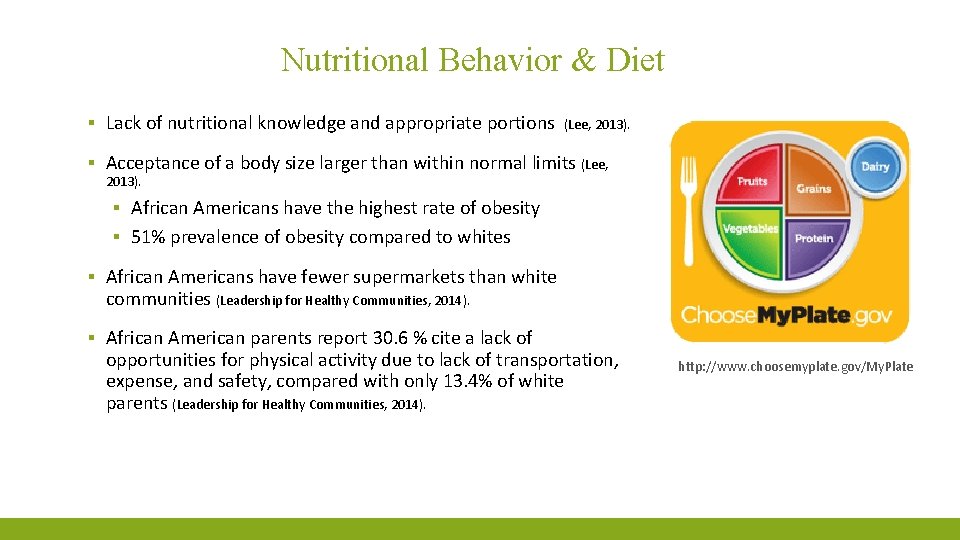 Nutritional Behavior & Diet ▪ Lack of nutritional knowledge and appropriate portions (Lee, 2013).