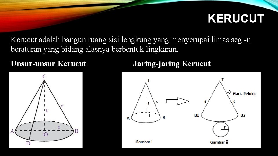 KERUCUT Kerucut adalah bangun ruang sisi lengkung yang menyerupai limas segi-n beraturan yang bidang