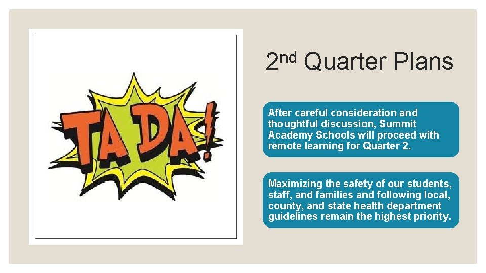 nd 2 Quarter Plans After careful consideration and thoughtful discussion, Summit Academy Schools will