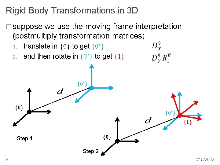 Rigid Body Transformations in 3 D � suppose we use the moving frame interpretation Rigid Body Transformations in 3 D � suppose we use the moving frame interpretation