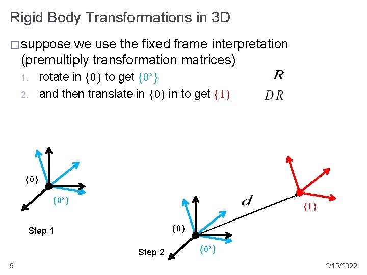 Rigid Body Transformations in 3 D � suppose we use the fixed frame interpretation Rigid Body Transformations in 3 D � suppose we use the fixed frame interpretation