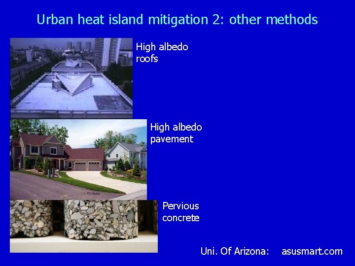 Urban heat island mitigation 2: other methods High albedo roofs High albedo pavement Pervious