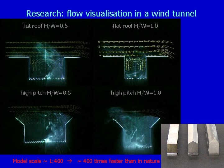 Research: flow visualisation in a wind tunnel flat roof H/W=0. 6 flat roof H/W=1.