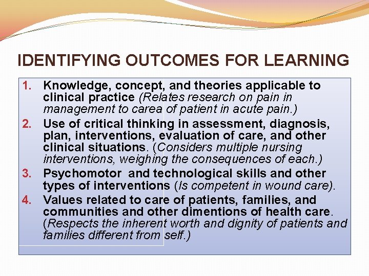 IDENTIFYING OUTCOMES FOR LEARNING 1. Knowledge, concept, and theories applicable to clinical practice (Relates