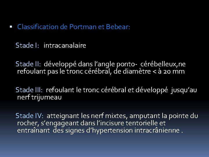  Classification de Portman et Bebear: Stade I: intracanalaire Stade II: développé dans l’angle