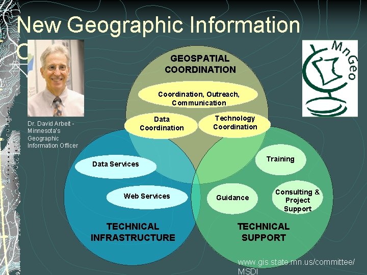 New Geographic Information Office GEOSPATIAL COORDINATION Coordination, Outreach, Communication Data Coordination Dr. David Arbeit