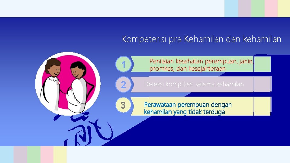 Kompetensi pra Kehamilan dan kehamilan 1 2 3 Penilaian kesehatan perempuan, janin, promkes, dan