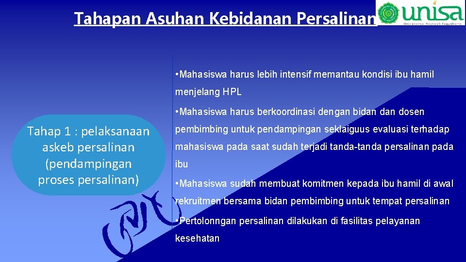 Tahapan Asuhan Kebidanan Persalinan • Mahasiswa harus lebih intensif memantau kondisi ibu hamil menjelang