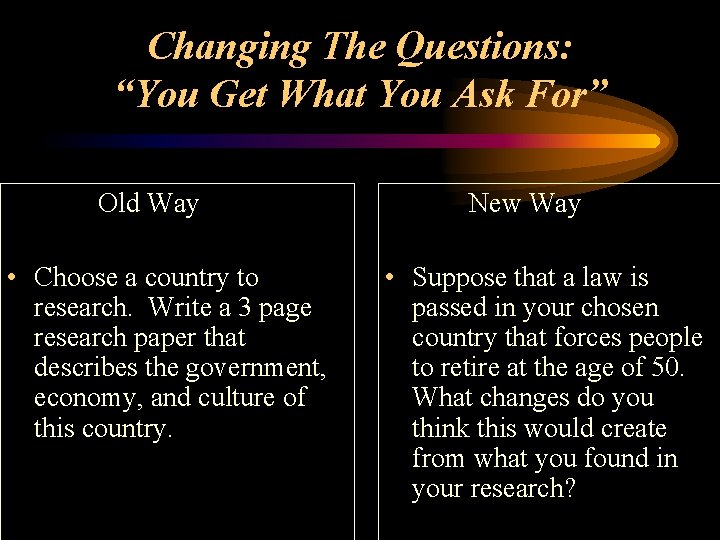 Changing The Questions: “You Get What You Ask For” Old Way • Choose a