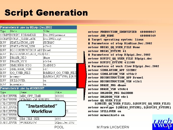 Script Generation “Instantiated” Workflow POOL setenv PRODUCTION_IDENTIFIER 400000067 setenv JOB_NAME 400000369 # Target operating