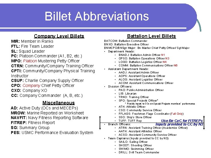 Billet Abbreviations Company Level Billets MIR: Member in Ranks FTL: Fire Team Leader SL: