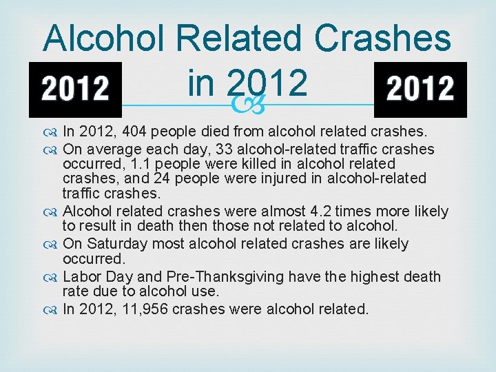 Alcohol Related Crashes in 2012 In 2012, 404 people died from alcohol related crashes.