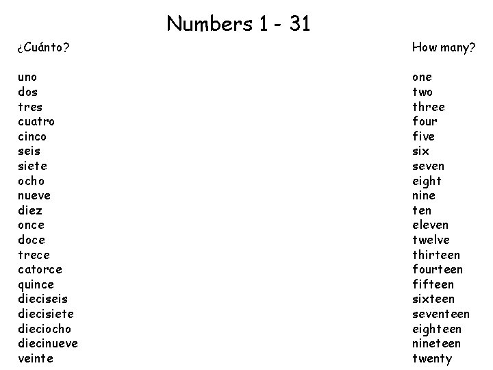 Numbers 1 - 31 ¿Cuánto? How many? uno dos tres cuatro cinco seis siete