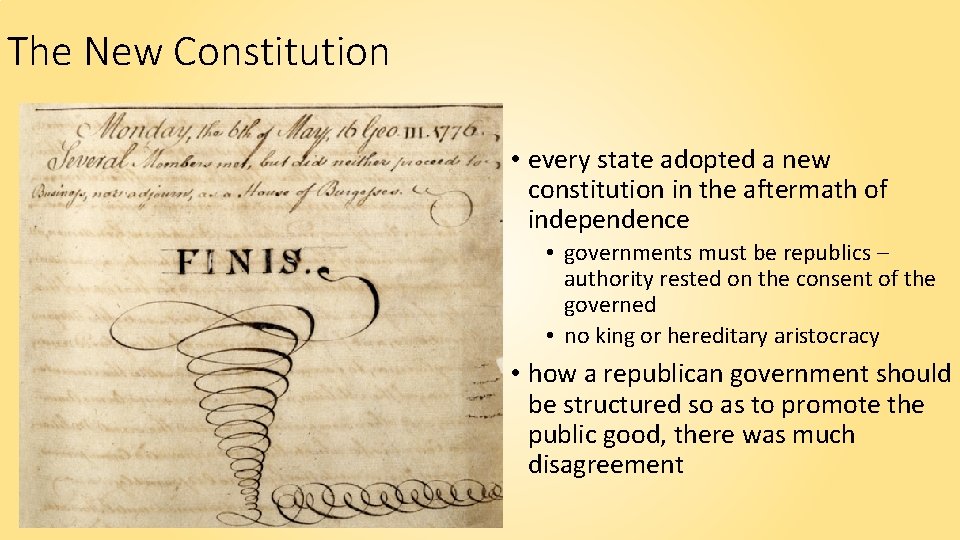 The New Constitution • every state adopted a new constitution in the aftermath of