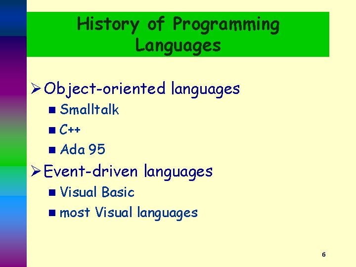 History of Programming Languages Ø Object-oriented languages n Smalltalk n C++ n Ada 95