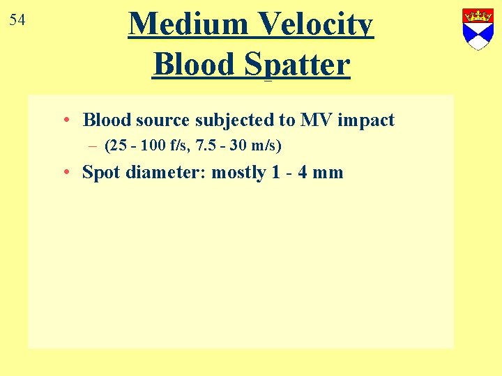 54 Medium Velocity Blood Spatter • Blood source subjected to MV impact – (25