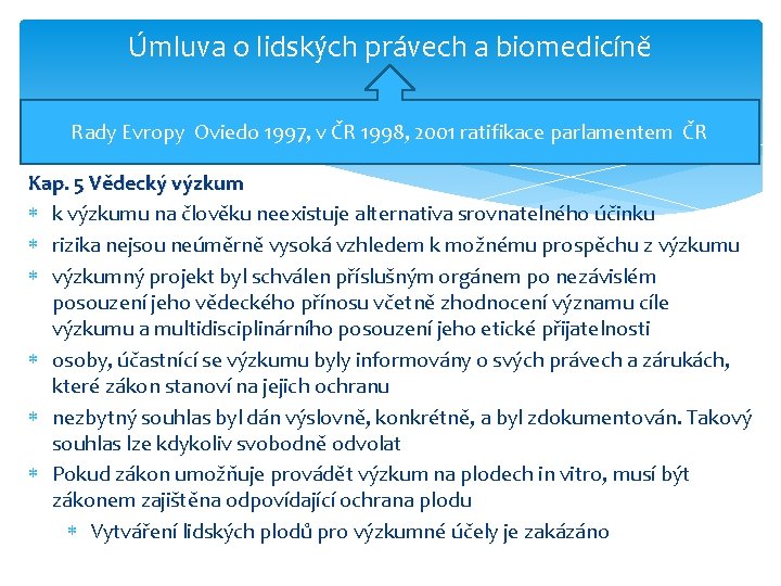 Úmluva o lidských právech a biomedicíně Rady Evropy Oviedo 1997, v ČR 1998, 2001