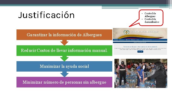 Justificación Garantizar la información de Albergues Reducir Costos de llevar información manual. Maximizar la