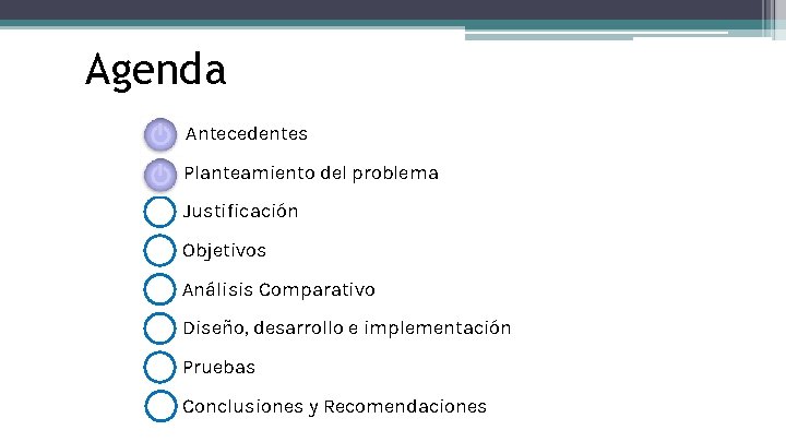 Agenda Antecedentes Planteamiento del problema Justificación Objetivos Análisis Comparativo Diseño, desarrollo e implementación Pruebas