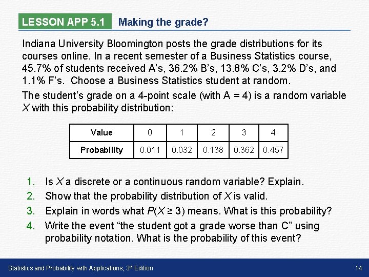 LESSON APP 5. 1 Making the grade? Indiana University Bloomington posts the grade distributions
