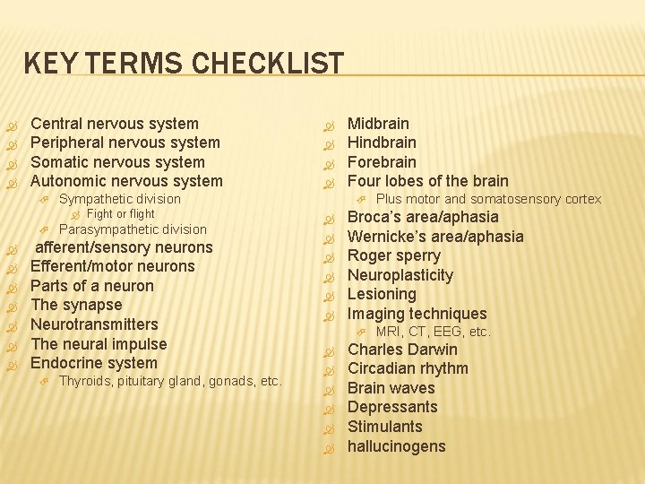 KEY TERMS CHECKLIST Central nervous system Peripheral nervous system Somatic nervous system Autonomic nervous
