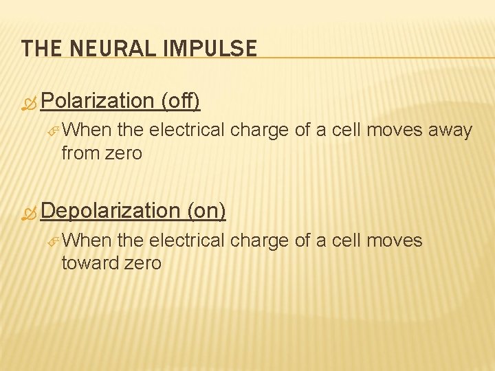 THE NEURAL IMPULSE Polarization (off) When the electrical charge of a cell moves away