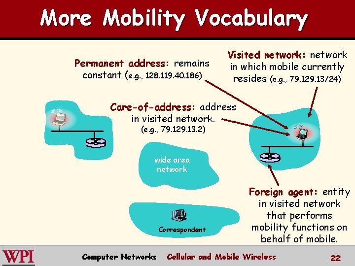 More Mobility Vocabulary Permanent address: remains constant (e. g. , 128. 119. 40. 186)