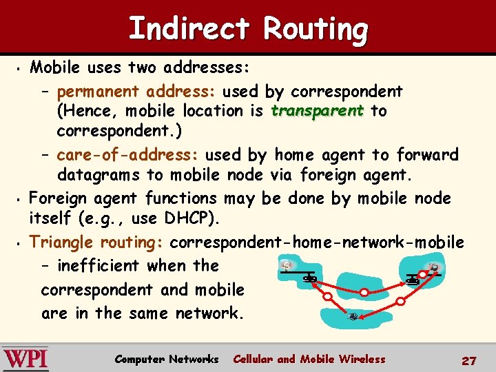 Indirect Routing § § § Mobile uses two addresses: – permanent address: used by