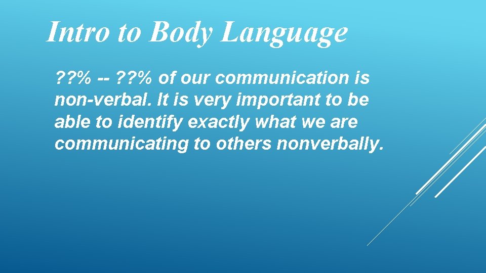 Intro to Body Language ? ? % -- ? ? % of our communication