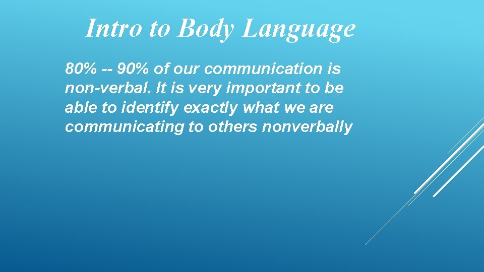 Intro to Body Language 80% -- 90% of our communication is non-verbal. It is