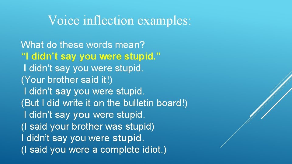 Voice inflection examples: What do these words mean? “I didn’t say you were stupid.