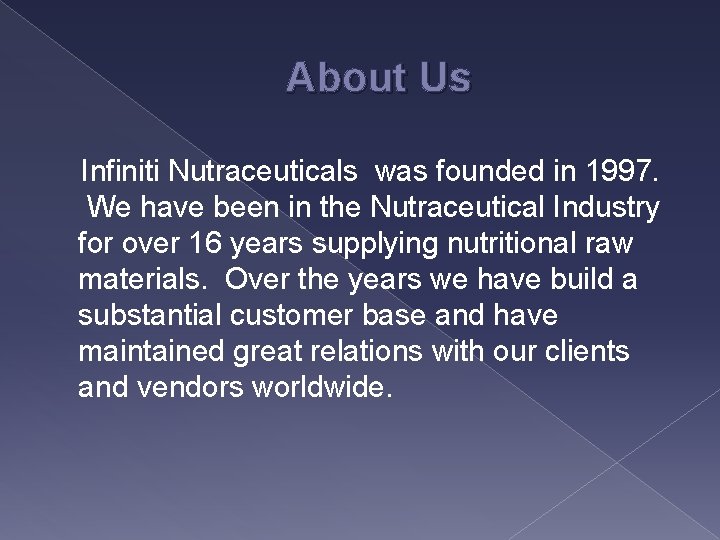 About Us Infiniti Nutraceuticals was founded in 1997. We have been in the Nutraceutical