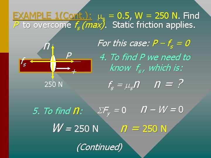 EXAMPLE 1(Cont. ): ms = 0. 5, W = 250 N. Find P to