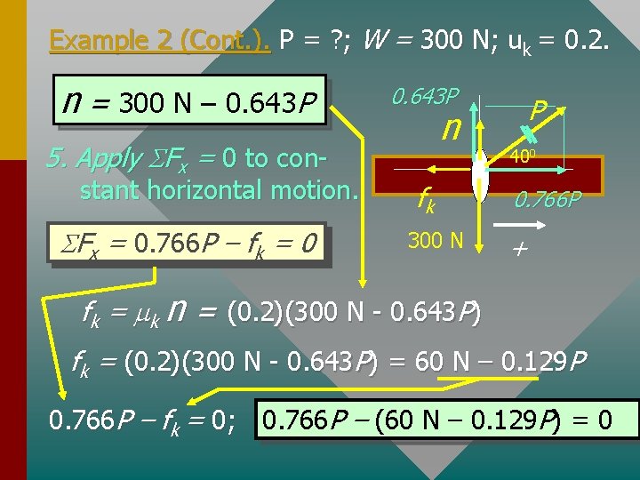 Example 2 (Cont. ). P = ? ; W = 300 N; uk =