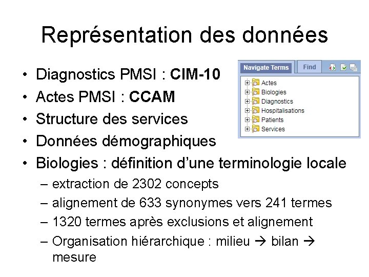 Représentation des données • • • Diagnostics PMSI : CIM-10 Actes PMSI : CCAM