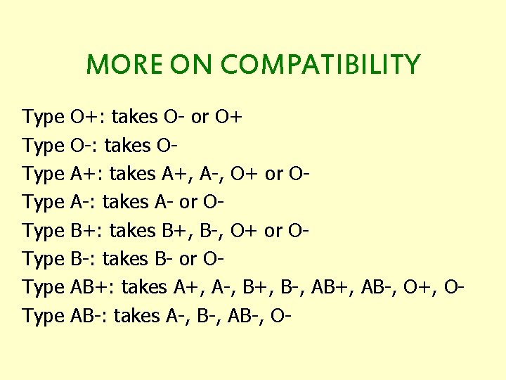 MORE ON COMPATIBILITY Type Type O+: takes O- or O+ O-: takes OA+: takes