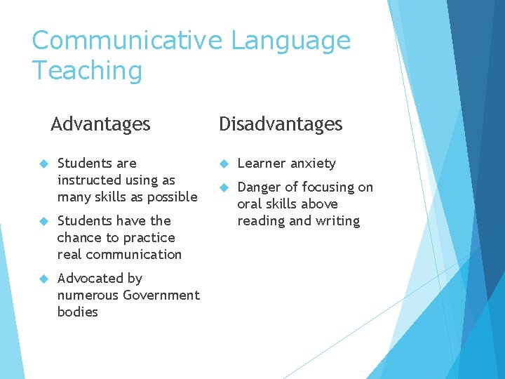 Communicative Language Teaching Advantages Students are instructed using as many skills as possible Students Communicative Language Teaching Advantages Students are instructed using as many skills as possible Students
